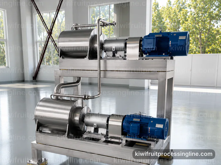 industrial kiwifruit juice and puree line, feed and output handling: low shear pulping with seed control section connection view