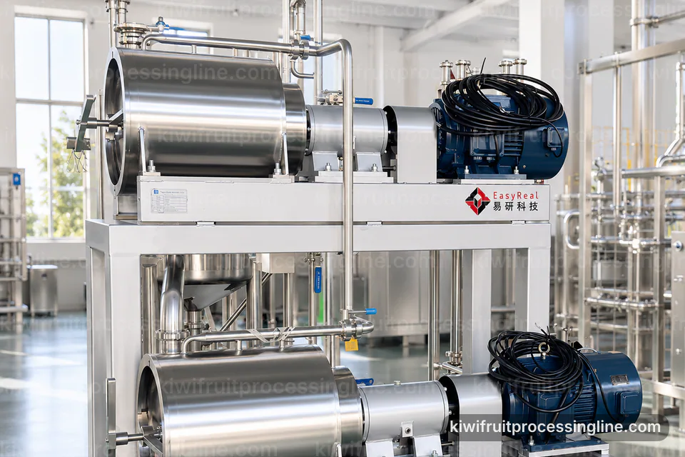 industrial kiwifruit juice and puree line, feed and output handling: low shear kiwi pulper operating stage