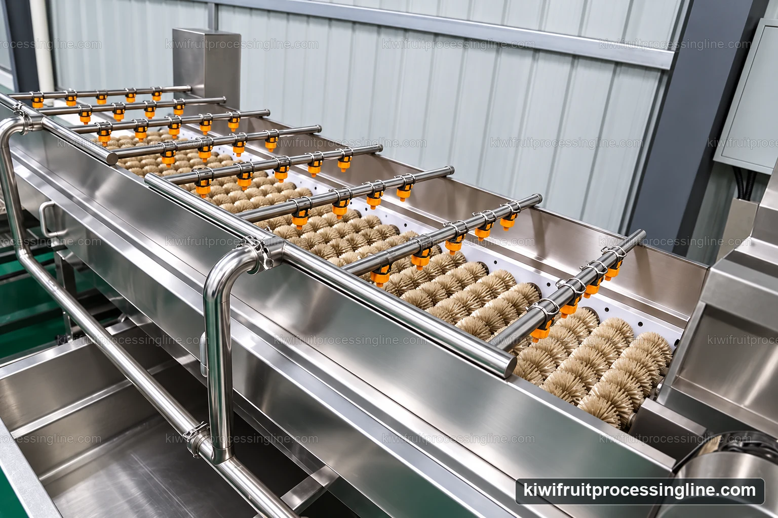 Brush rollers and spray bars in a fruit washing configuration