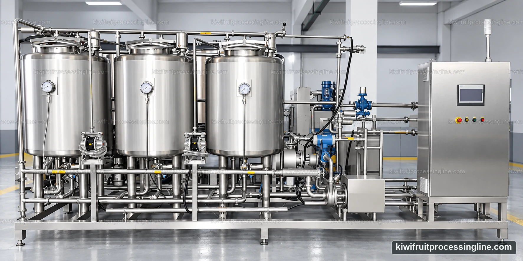 Three-tank closed-circuit CIP system with pumps and valve manifold