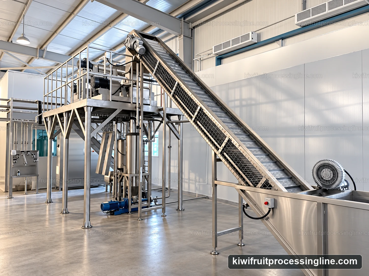 Stainless washing bath feeding an inclined cleated elevator